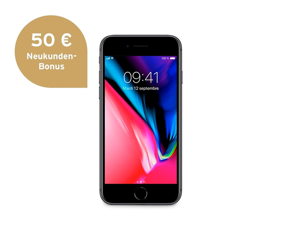 Ein graues Smartphone mit farbigem Display. Zu sehen ist ein Apple iPhone 8 64 GB in Space Grau (Refurbished).