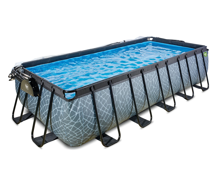 EXIT Pool-Set in Steinoptik, ein rechteckiger Aufstellpool mit grau-weißem Muster und blauem Wasser, auf weißem Hintergrund.