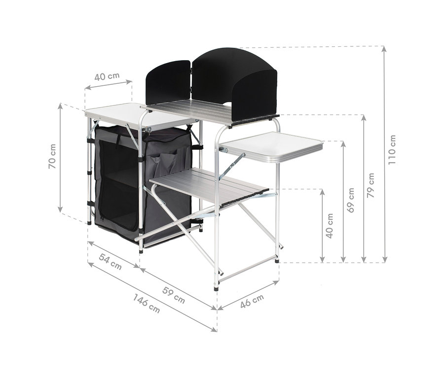 Faltbare Campingküche »Redwood S« mit silbernem Gestell, mehreren Arbeitsflächen, Windschutz und grauem Stoffschrank, Maße 146x110x46 cm.