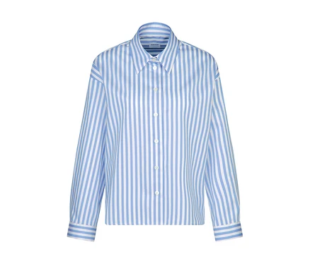 Blaue und weiße gestreifte Seidensticker Oversize Hemdbluse mit Kragen, Knopfleiste und horizontal gestreiften Manschetten.