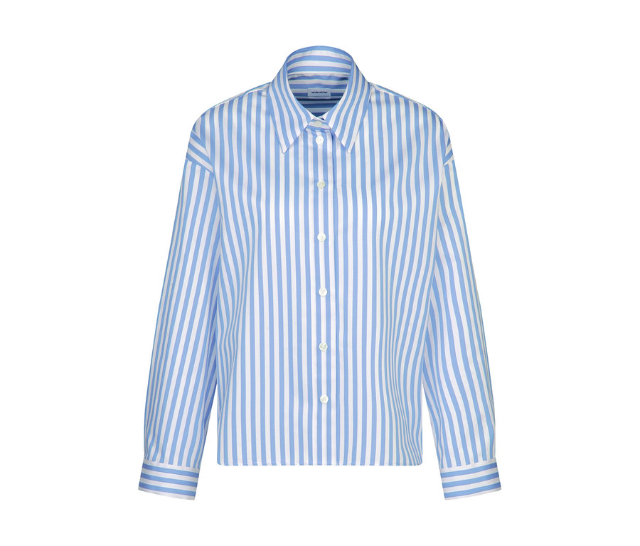 Blaue und weiße gestreifte Seidensticker Oversize Hemdbluse mit Kragen, Knopfleiste und horizontal gestreiften Manschetten.