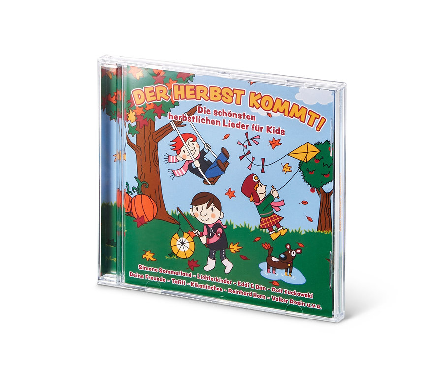 Ein CD-Cover mit einer Cartoon-Illustration von Kindern, die im Herbst spielen.