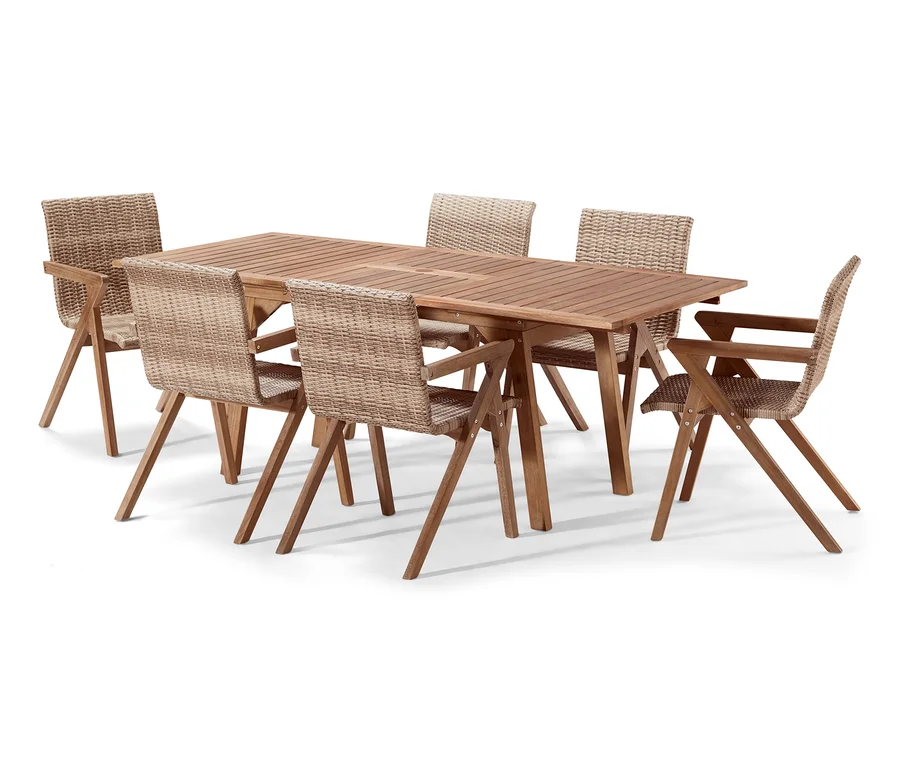 7-teiliges Dining-Set aus Polyrattan und Akazie.