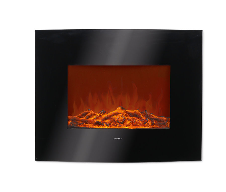 Schwarzer EASYmaxx-LED-Wandkamin mit Flammen und Holzscheiten.