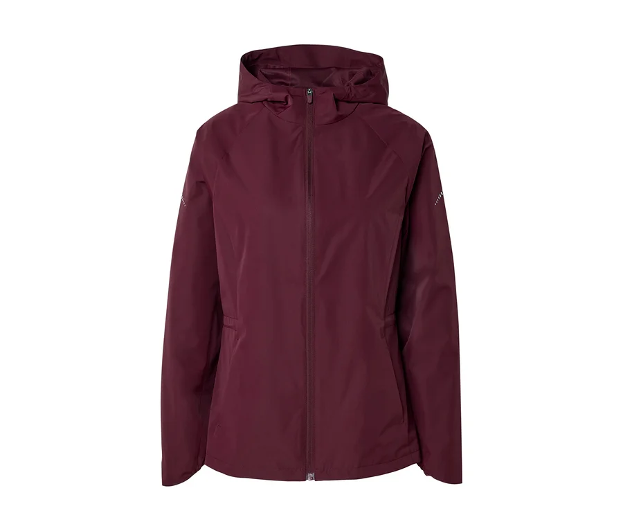 Burgunderfarbene, gefütterte Regenjacke mit Kapuze und durchgehendem Reißverschluss.