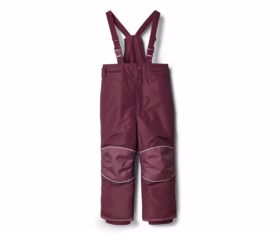 Burgunderfarbene, gefütterte Latzhose mit verstellbaren Trägern und reflektierenden Details an den Knien.