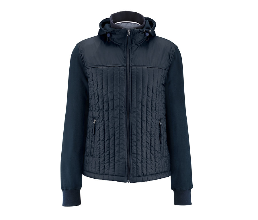 Dunkelblaue Sweat-Steppjacke mit Kapuze.