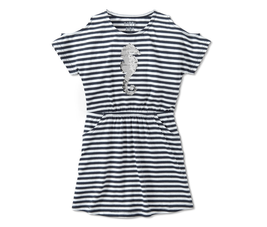 Ein blau-weiß gestreiftes Jerseykleid mit Wendepailletten und einem Seepferdchen-Motiv.