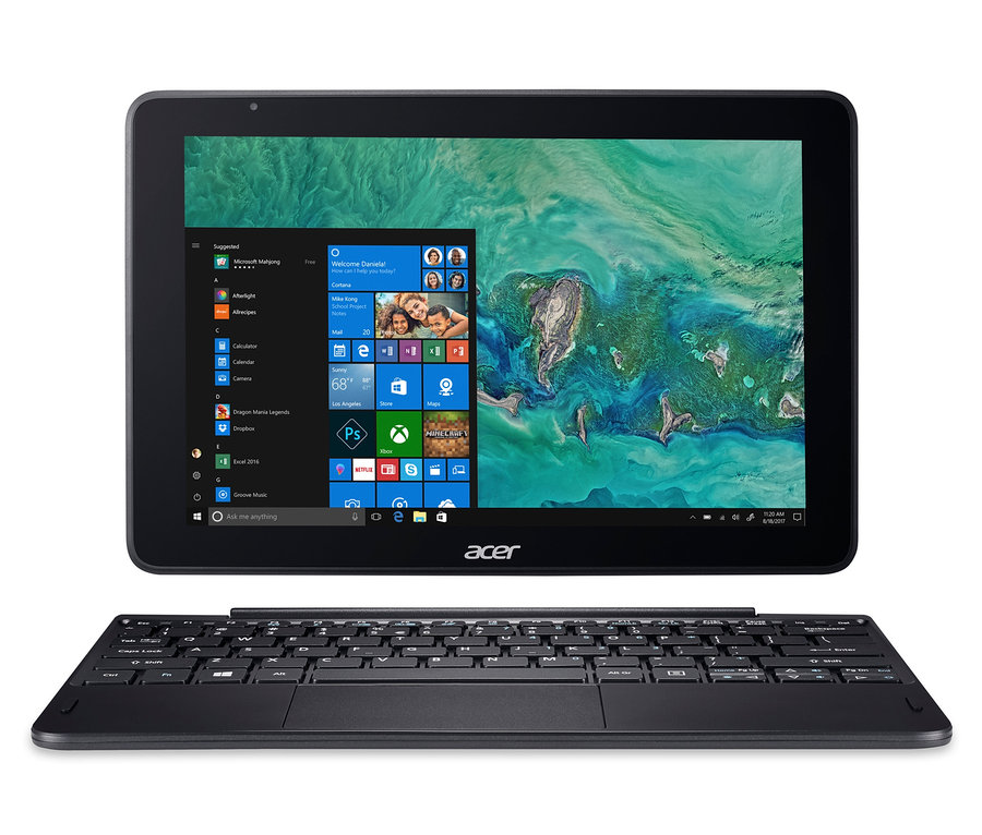 Ein schwarzes Acer-Tablet mit Tastatur auf einem weißen Hintergrund.