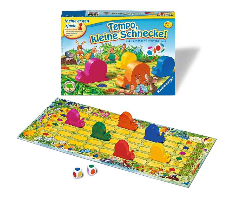Ravensburger »Tempo, kleine Schnecke!« mit bunten Holzschnecken auf dem Spielbrett.
