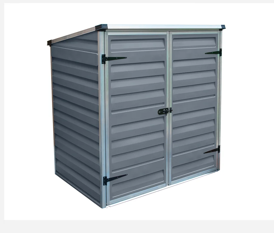 Graue Universal-Mülltonnenbox mit horizontalen Lamellen.