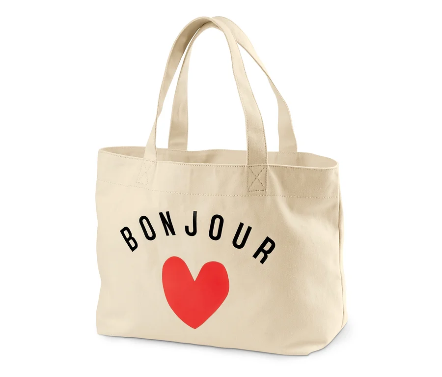 Cremefarbene Stofftasche mit schwarzem Bonjour-Aufdruck und rotem Herz darunter. Canvas-Shopper mit Print
