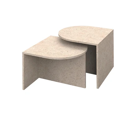 Zwei ineinander geschobene halbrunde Couchtische »Leo« in hellem, gesprenkeltem Beige.