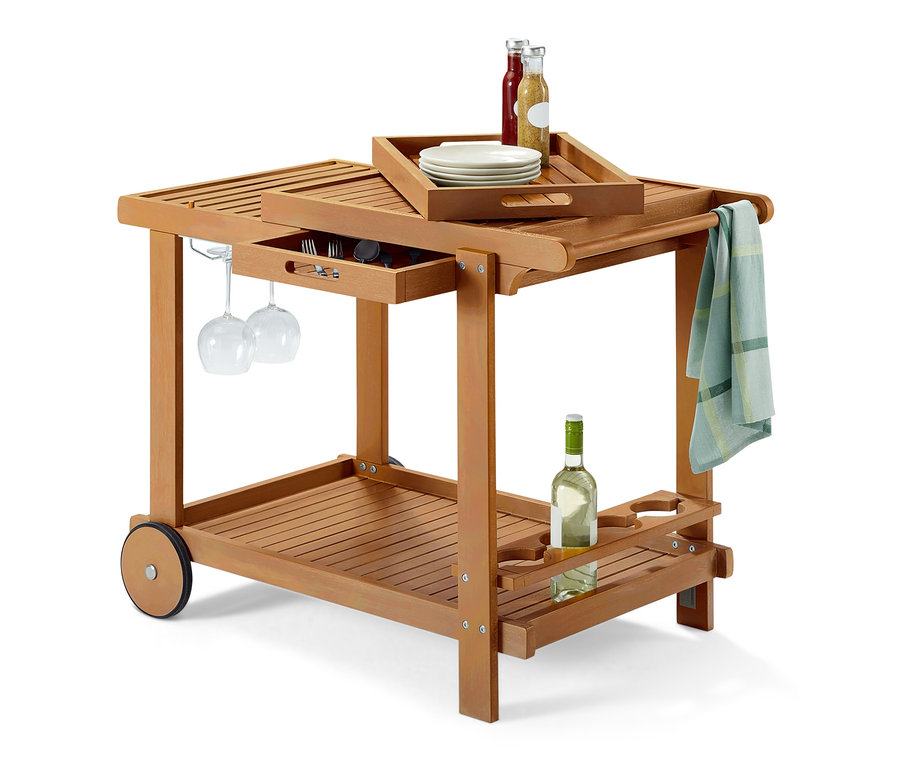 Barbecue-Trolley mit Ablagefläche, Gläserhalter und Stauraum.