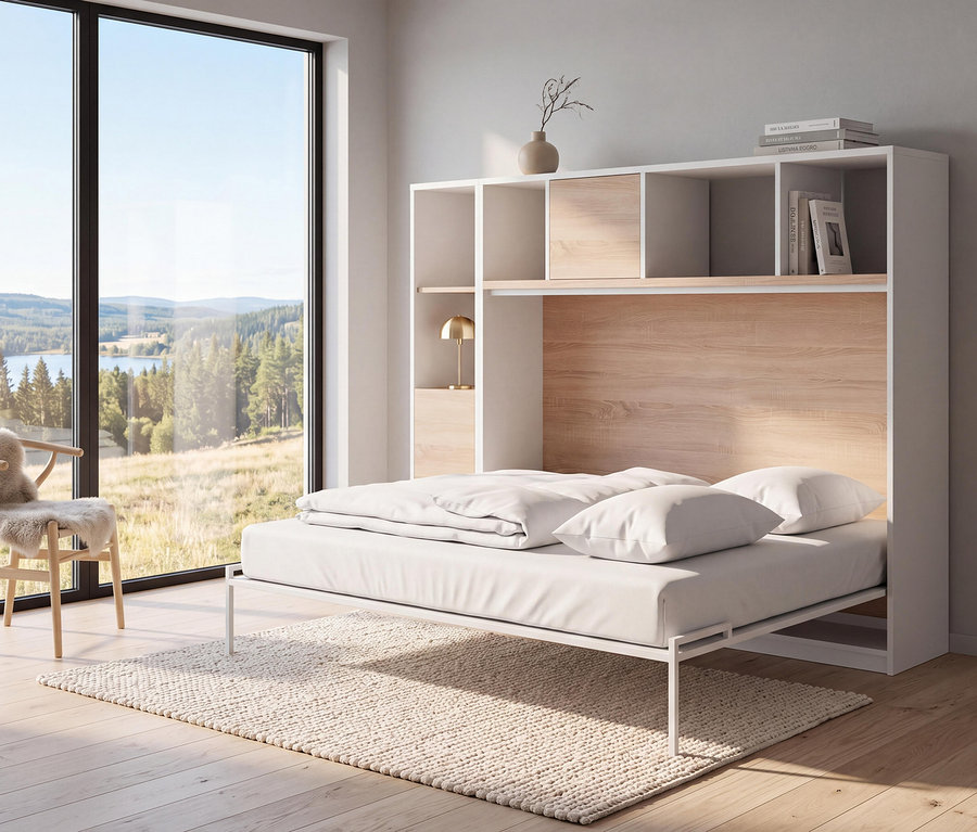 Ein modernes Zimmer mit einem geöffneten weißen Roba Wandklappbett »Verso«, 90 x 200, mit weißer Bettwäsche. Die Betteinheit hat weiße Regale mit hellen Holzdetails, auf denen Bücher und Deko stehen. Ein großes Fenster blickt auf einen See und Wald, daneben ein Holzstuhl mit Fellüberwurf. Ein heller Teppich liegt auf dem Holzboden.