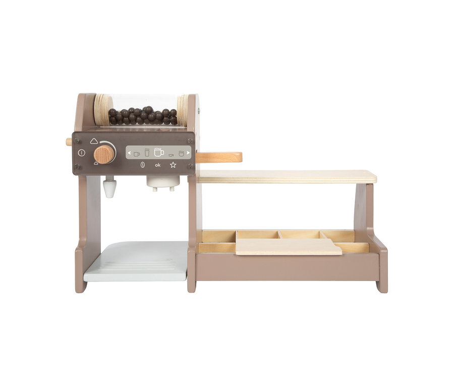 small foot Barista-Set aus Holz in Braun und Hellbraun, mit Kaffeemaschine, Theke und Fächern.