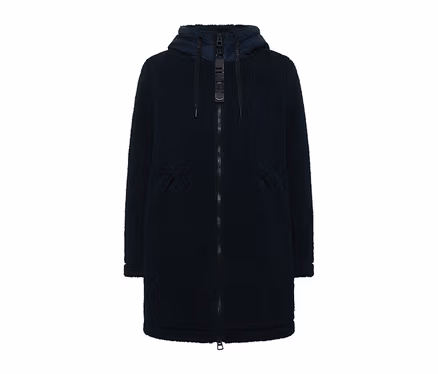 Dunkelblaue CECIL Jacke aus Teddyfell mit Kapuze und durchgehendem Reißverschluss.