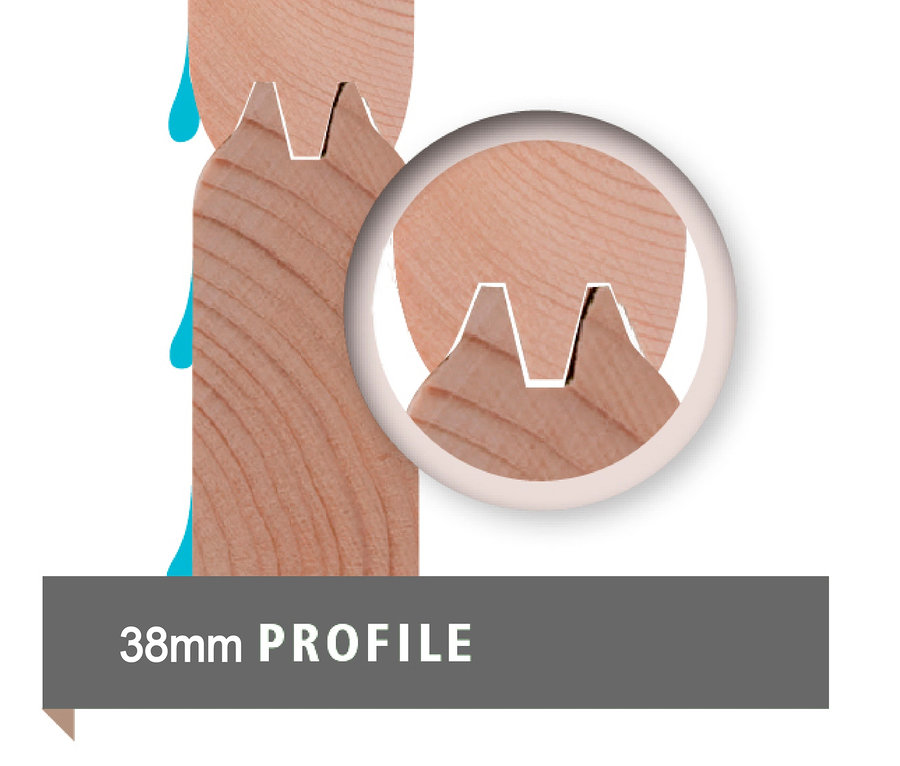 Detailansicht eines 38 mm Holzprofils mit Nut und Feder.
