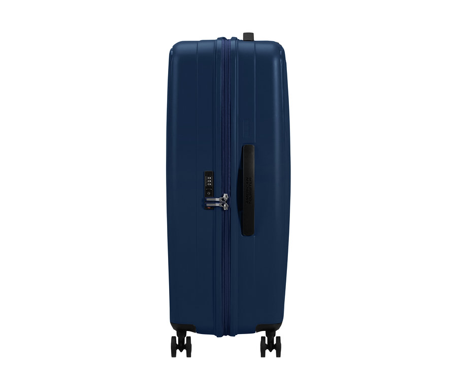 Großer, marineblauer American Tourister »Rejoy Spinner« Koffer, aufrecht stehend, mit schwarzem Griff und Zahlenschloss.