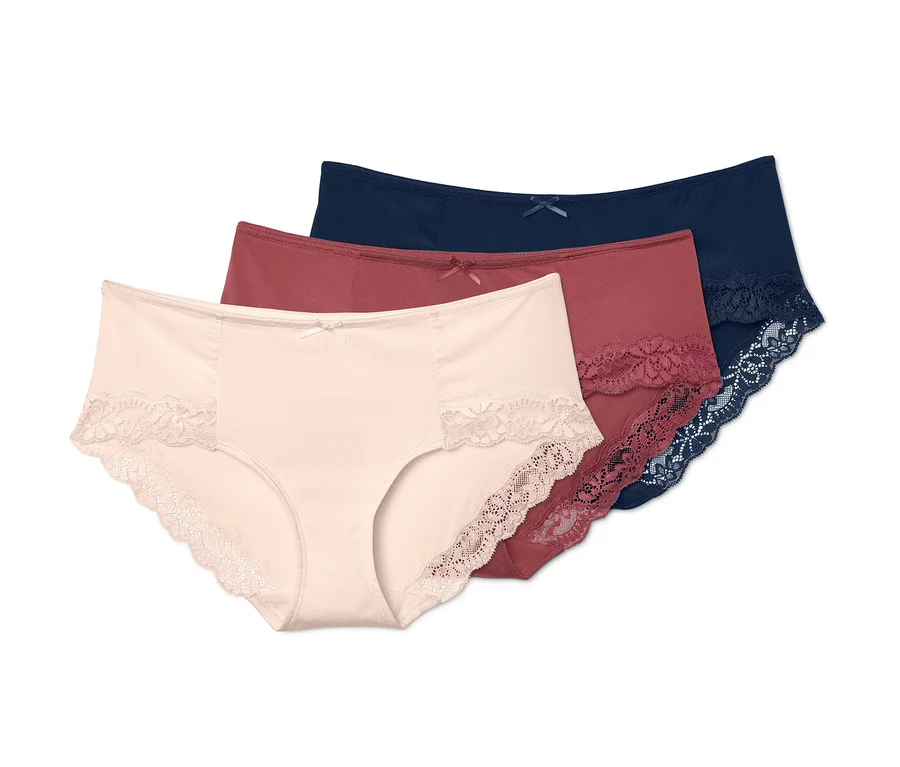 Drei Pantys: creme, bordeaux und dunkelblau.
