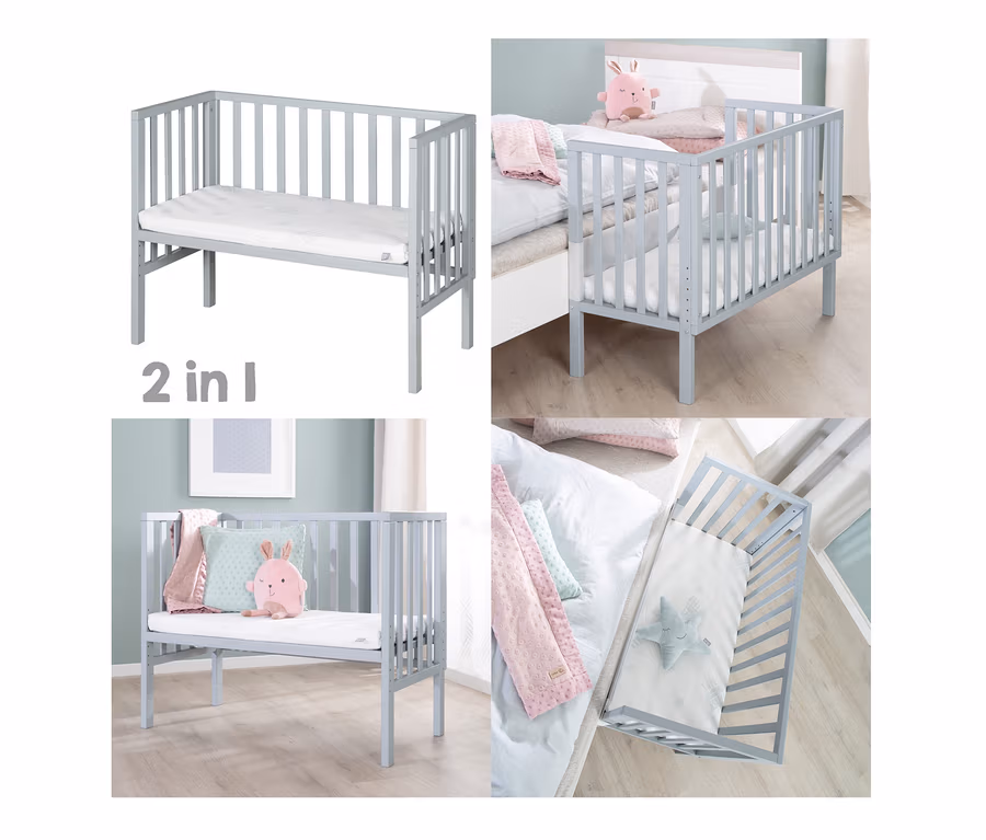 Vier Fotos vom grauen roba 2-in-1-Beistellbett »safe asleep®«.