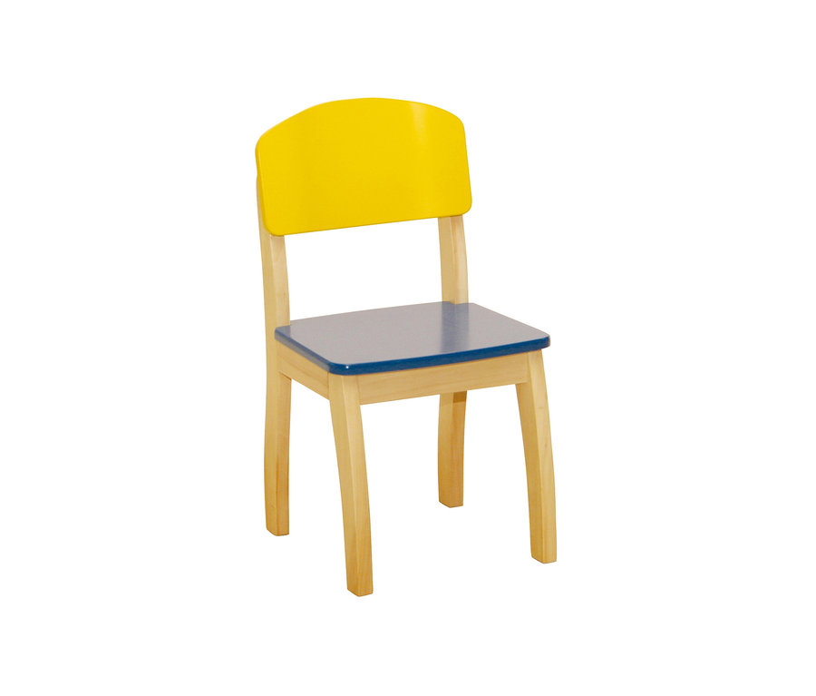 Ein roba Kinderstuhl mit gelber Rückenlehne und blauem Sitz vor weißem Hintergrund.