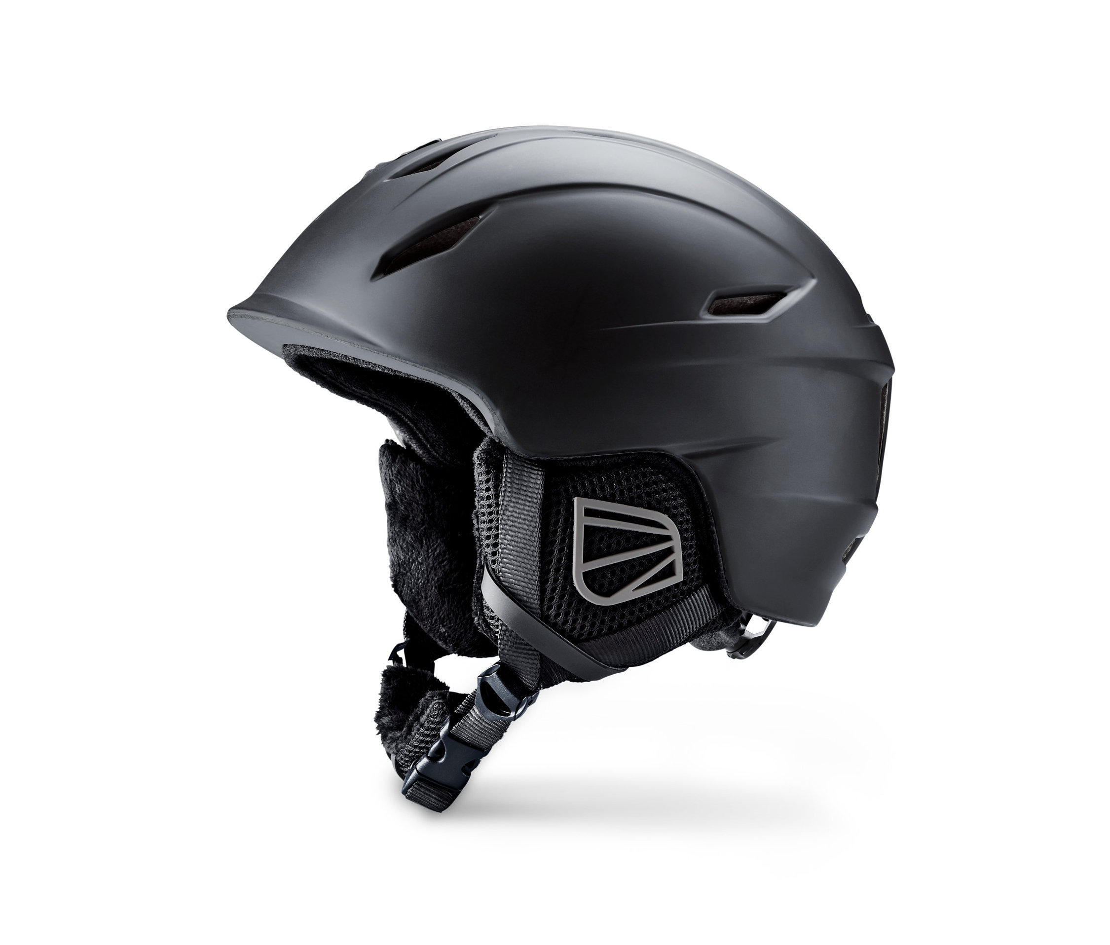 Schwarzer In-Mould-Ski- und Snowboardhelm vor weißem Hintergrund.