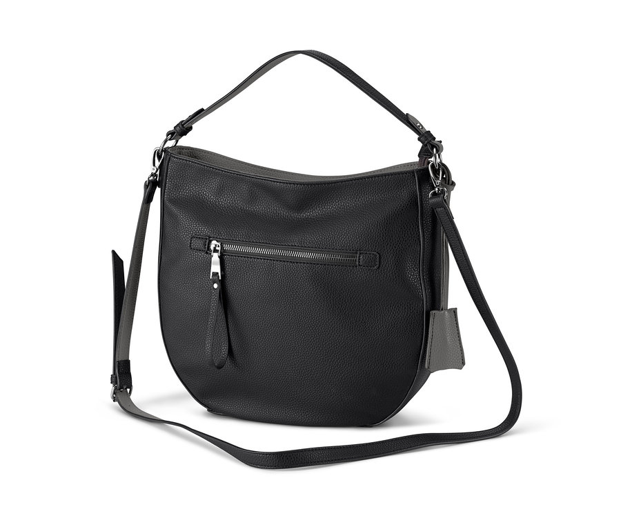 Schwarze Umhängetasche auf weißem Hintergrund.