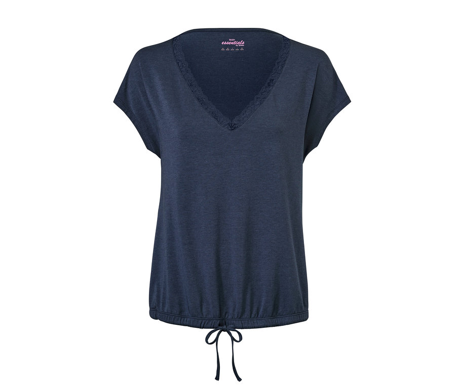 Dunkelblaues Pyjama-T-Shirt mit V-Ausschnitt und Spitze.