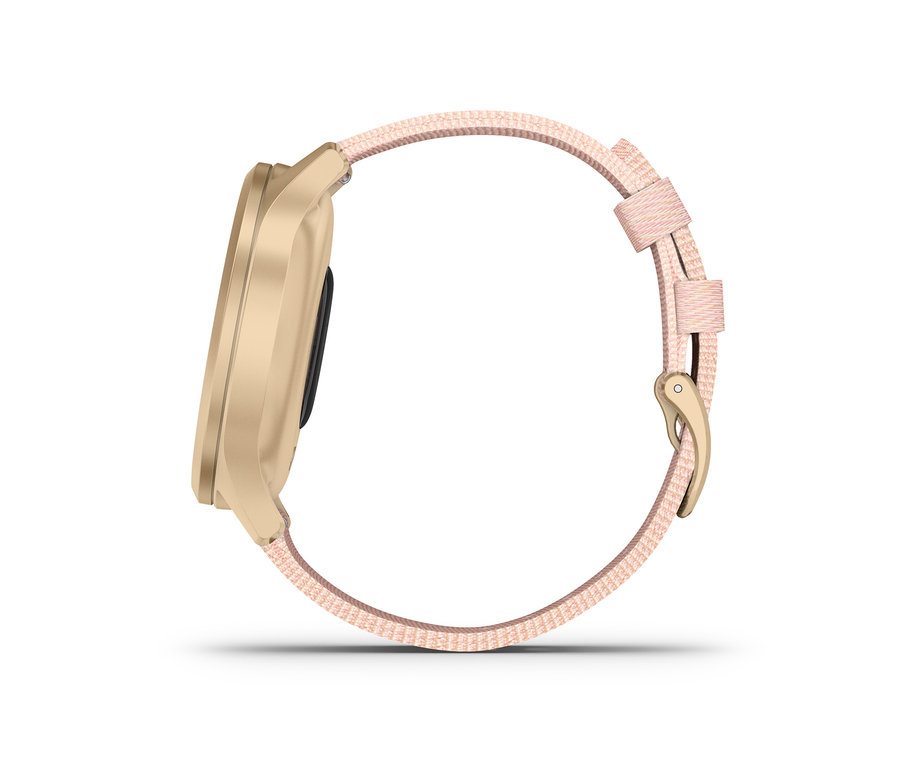 Nahaufnahme der roségoldfarbenen/weißen Garmin Vivomove Style Smartwatch.