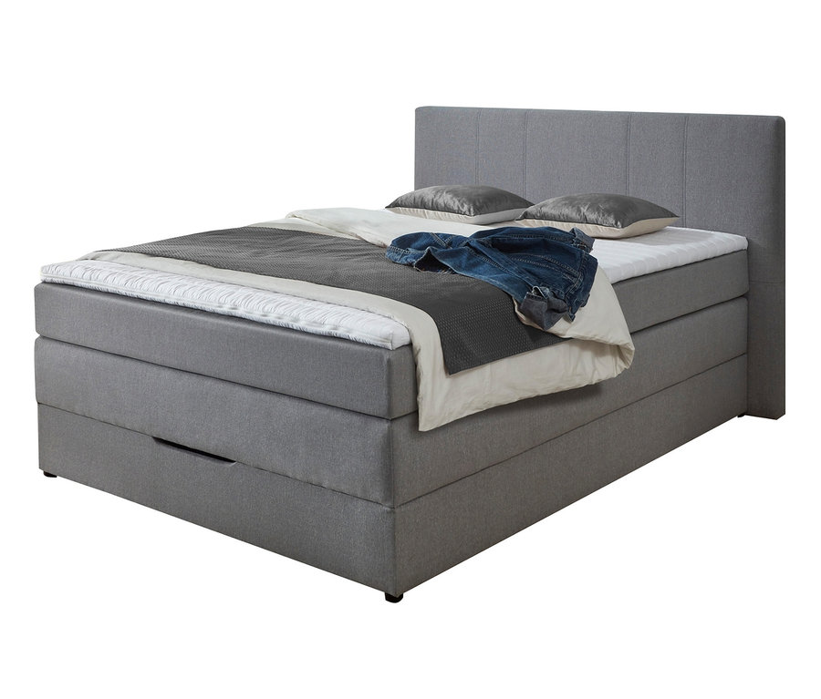 Graues Polsterbett mit Kopfteil und Stauraum. sun garden Boxspringbett mit Stauraum, 140 x 200 cm