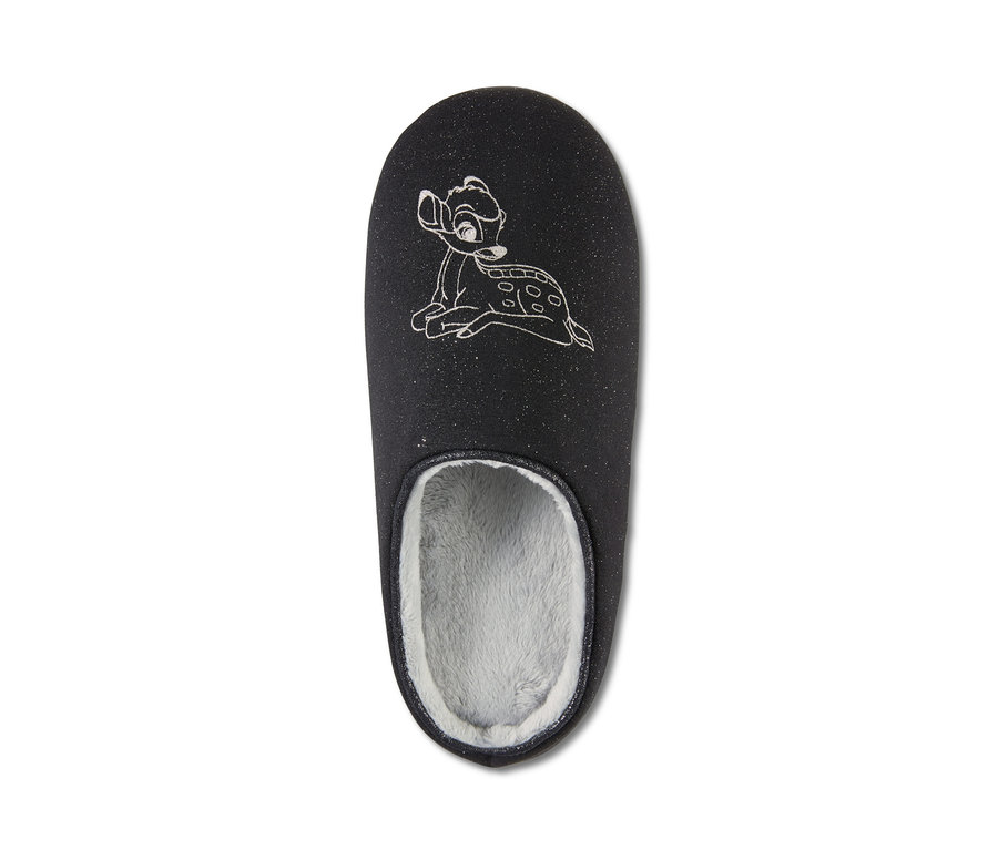 Ein schwarzer »Disney« Hausschuh mit Bambi-Motiv.
