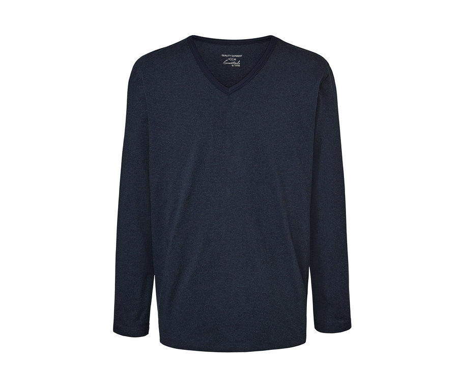 Dunkelblauer Pyjama mit langen Ärmeln und V-Ausschnitt.