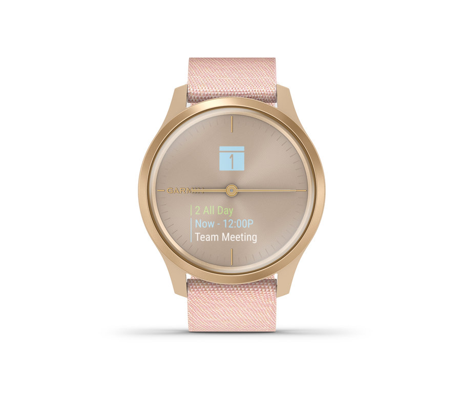 Nahaufnahme einer roségoldfarbenen/weißen Garmin Vivomove Style Smartwatch.