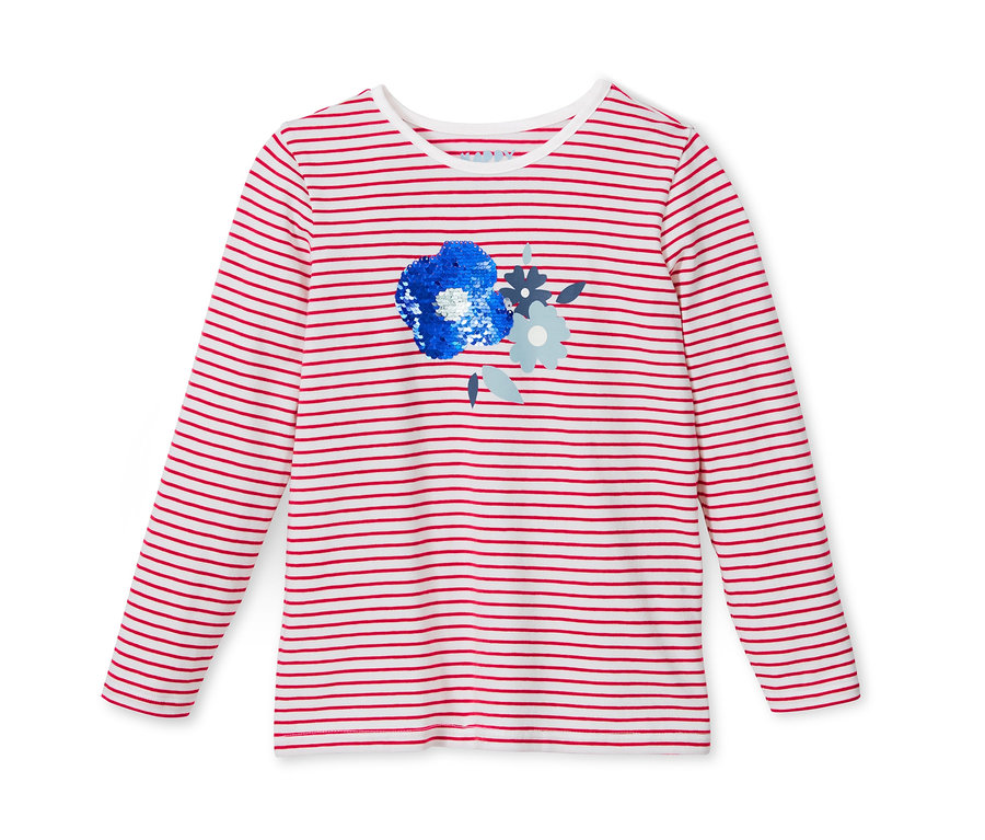Gestreiftes Langarmshirt mit Wendepailletten in Rot und Weiß mit Blumenmuster.