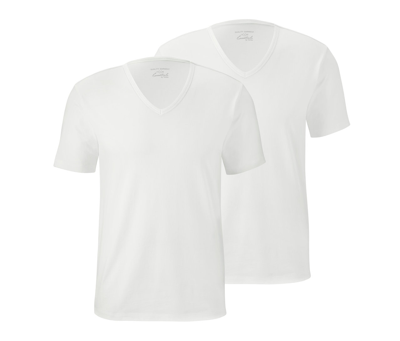Zwei weiße Jersey-Halbarm-Unterhemden mit V-Ausschnitt.