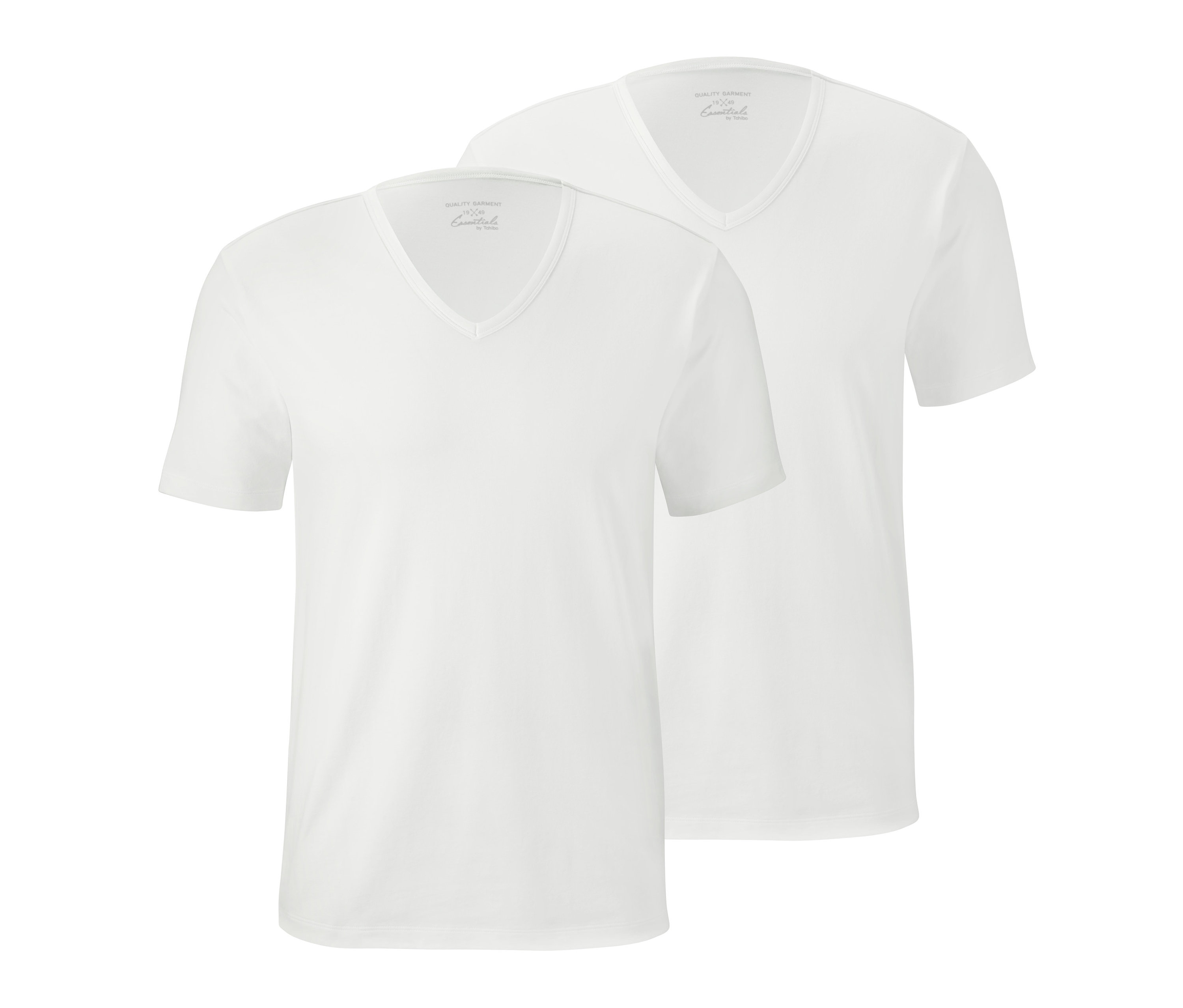 Zwei weiße Jersey-Halbarm-Unterhemden mit V-Ausschnitt.