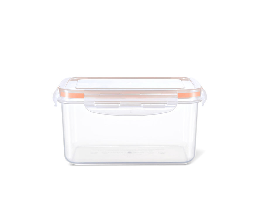 Eine durchsichtige Frischhaltedose mit orangen Details.