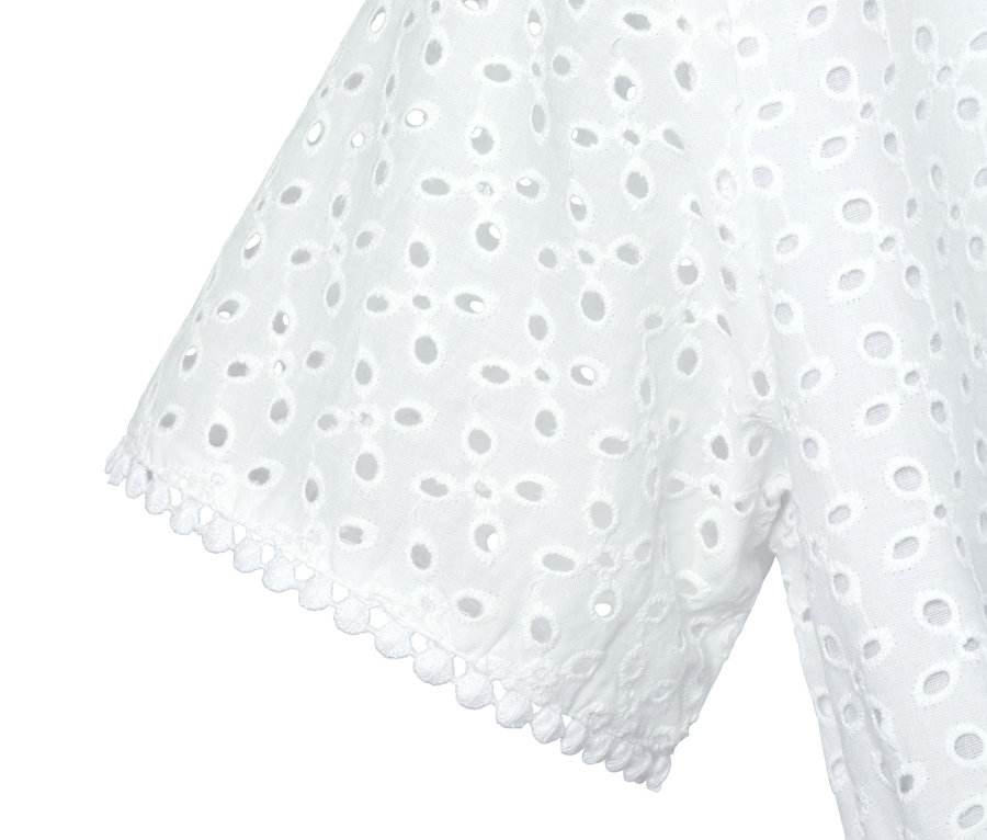 Detailaufnahme eines weißen Kleids mit Lochstickerei.