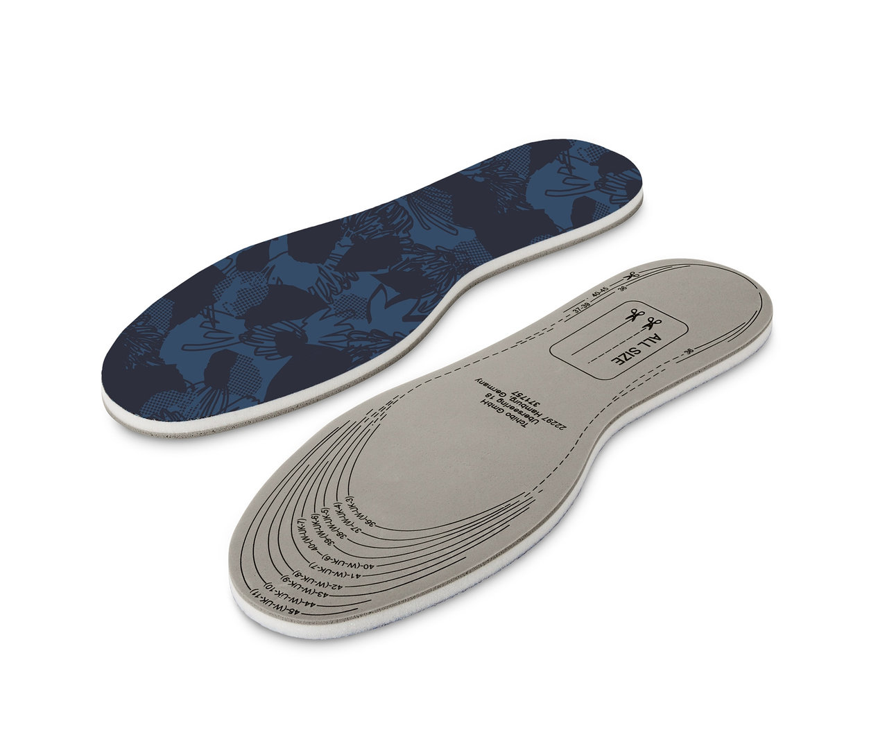 Zwei Paar viskoelastische Einlegesohlen liegen auf einem weißen Hintergrund.