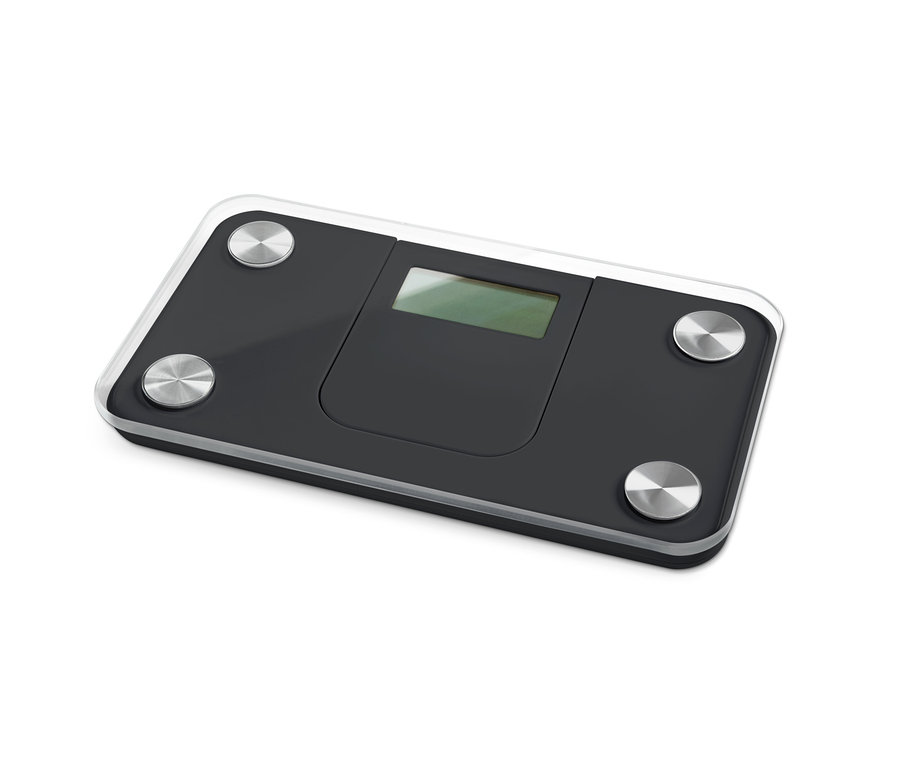 Eine ultrakompakte schwarze Badwaage mit Display.