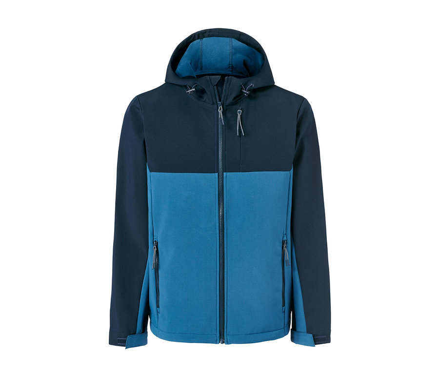 Blau-dunkelblaue Softshelljacke.