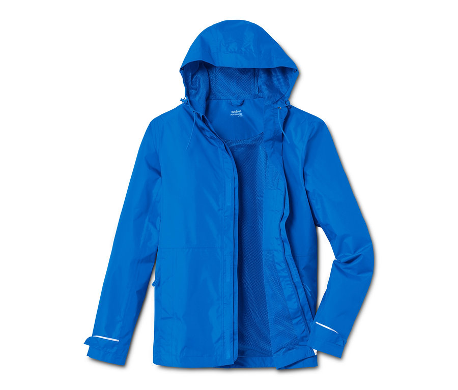Offene blaue Regenjacke mit Kapuze.