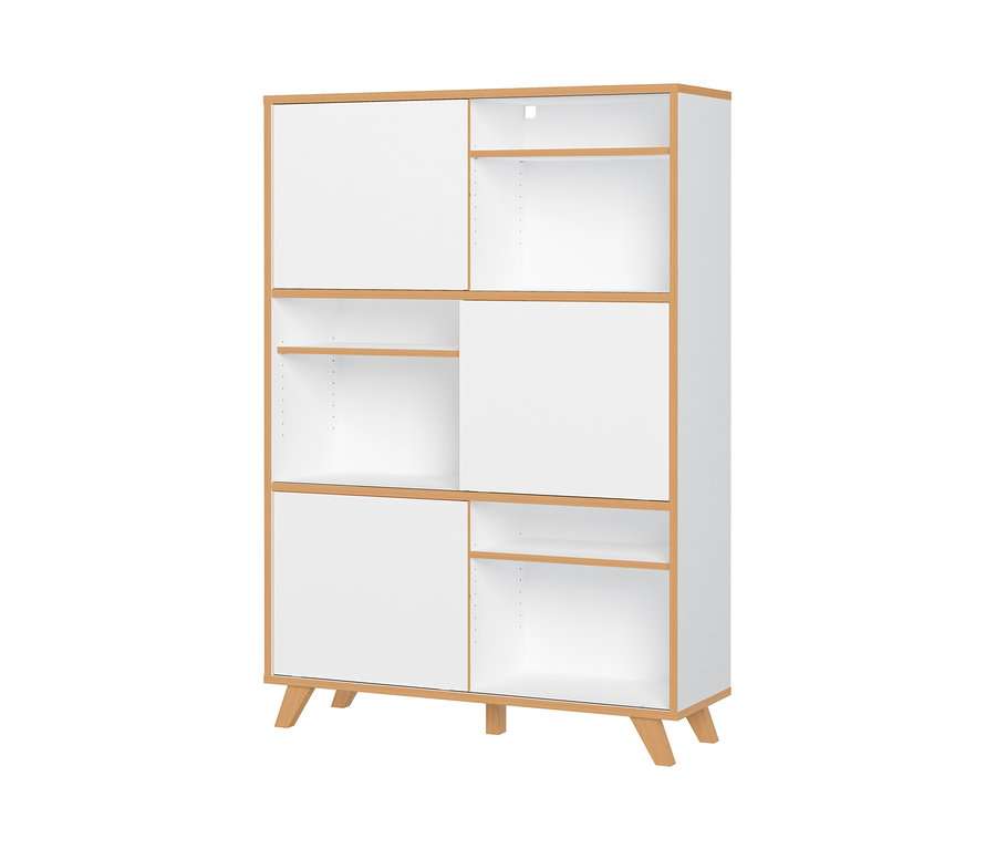 Weißes Regal mit Schiebetüren und Holzfüßen. Germania Schiebetürregal »Helsinki«, groß.