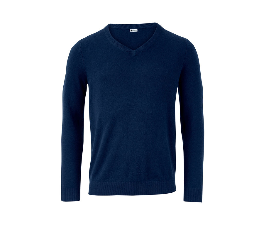 Blauer Cashmere-Pullover mit V-Ausschnitt.