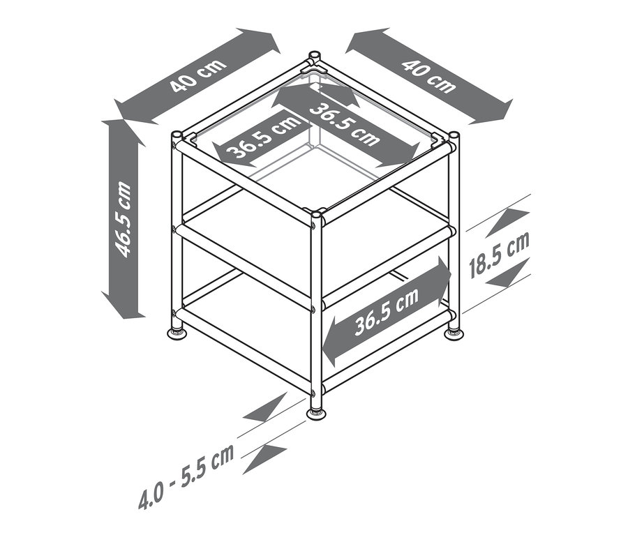 Abmessungen des Beistelltischs Metall »CN3« mit Glasoberfläche.
