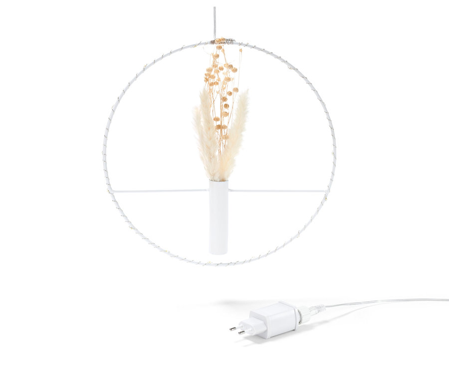 Weißer LED-Ring mit Trockenblumen in Vase.