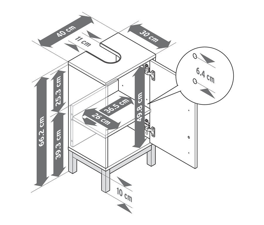 Abbildung des kleinen Waschbeckenunterschranks »Eklund« in Anthrazit mit geöffneter Tür und Maßangaben.