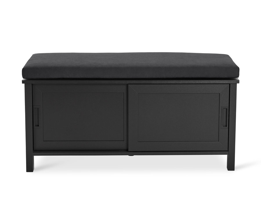 Schwarze Sitzbank »Clara« mit Fach und grauem Kissen oben.