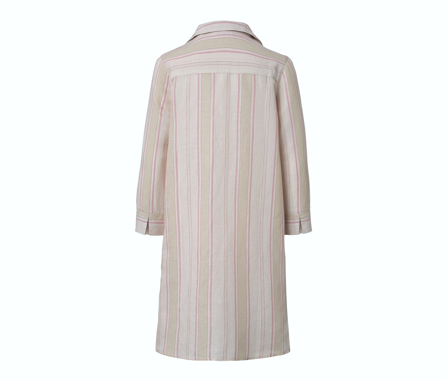 Rückansicht eines gestreiften Leinen-Nachthemds in Rosa und Beige.